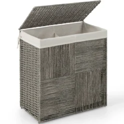 10L Wäschekorb mit Deckel Wäschesammler mit 2 Fächern Wäschesortierer klapbbar mit Griff 57 x 33 x 62 cm Grau