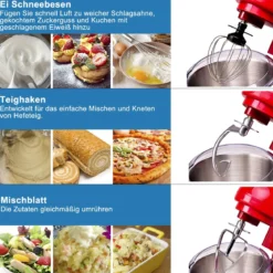 4L 1300W Standmixer Neigbarer Kopf Mixer Teigmaschine mit Edelstahl Rührschüssel 33,5 x 23,5 x 30,5 cm Rot