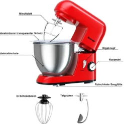 4L 1300W Standmixer Neigbarer Kopf Mixer Teigmaschine mit Edelstahl Rührschüssel 33,5 x 23,5 x 30,5 cm Rot