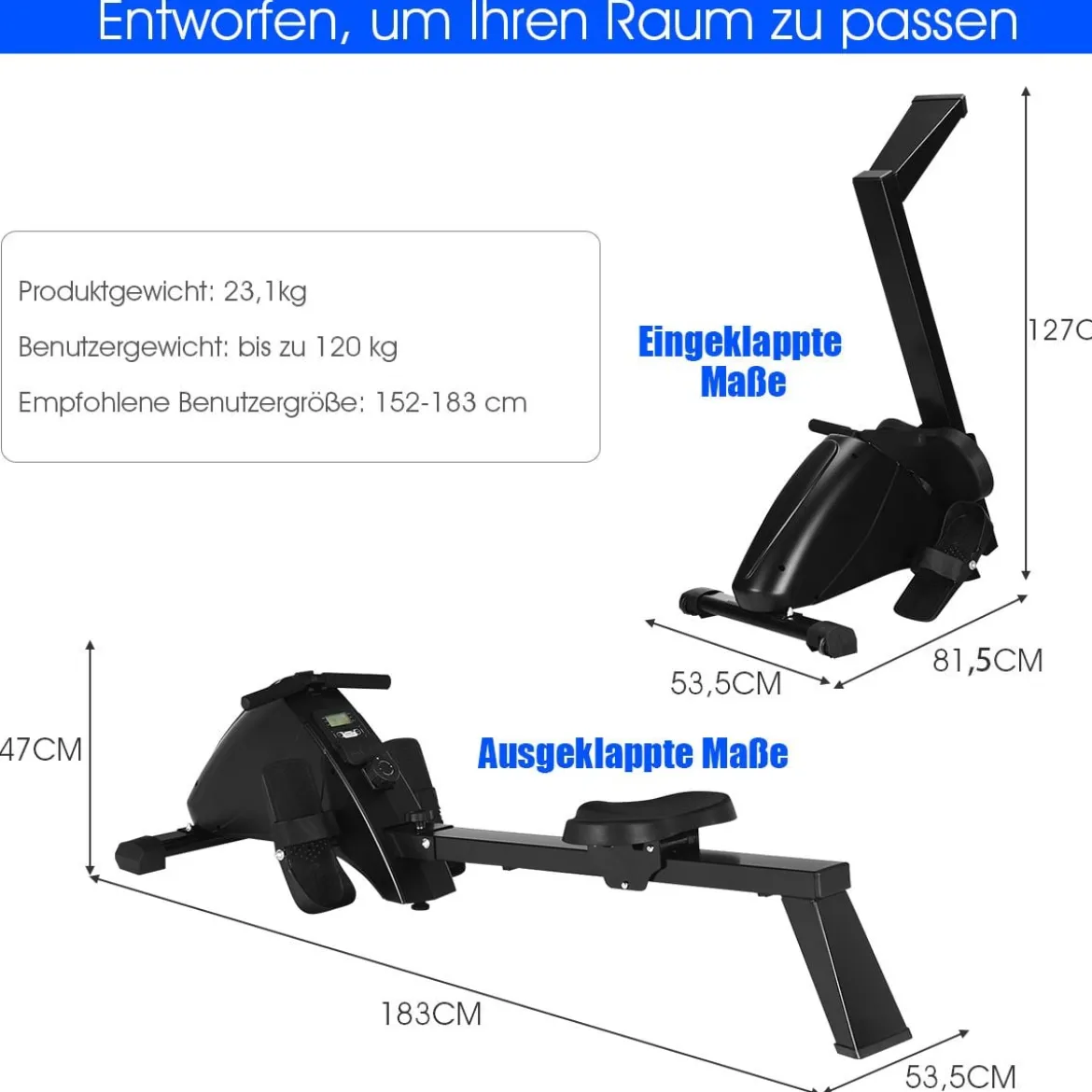 Magnetische Rudermaschine Faltbarer Übungsruderer Ruderbank Schwarz 183 x 53,5 x 47 cm