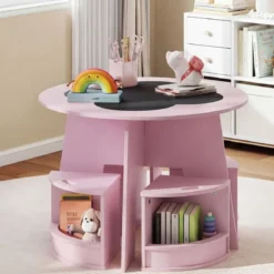 Maltisch für Kinderzimmer Kindertisch und Stuhl Set rund 5 teilige Kindersitzgruppe Rosa
