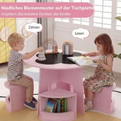 Maltisch für Kinderzimmer Kindertisch und Stuhl Set rund 5 teilige Kindersitzgruppe Rosa