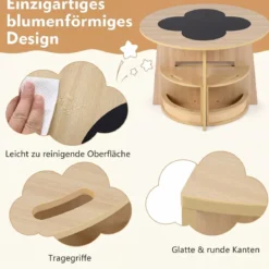 Maltisch für Kinderzimmer Kindertisch und Stuhl Set rund 5 teilige Kindersitzgruppe Natur