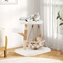Massivholz Kratzbaum mit Hängender Wiege & Sisal-Kratzposten Moderner Katzenbaum