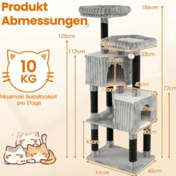 Mehrstufiges Katzenbaum 156 cm hoher Katzenturm mit 2 Höhlen 2 Liegebetten & Kratzpfosten Kratzbaum Hellgrau
