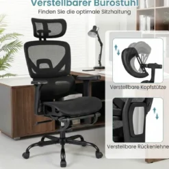 Mesh-Bürostuhl mit Fußstütze drehbarer & rollbarer Hochlehner-Schreibtischstuhl mit Lendenwirbelstütze Schwarz