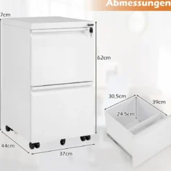 Metall Abschließbarer Rollcontainer mit 2 Schubladen & Hängeregistratur Aktenschrank Weiß