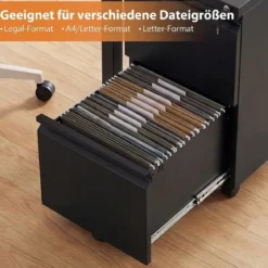 Metall Abschließbarer Rollcontainer mit 2 Schubladen & Hängeregistratur Aktenschrank Schwarz