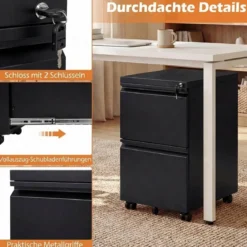 Metall Abschließbarer Rollcontainer mit 2 Schubladen & Hängeregistratur Aktenschrank Schwarz