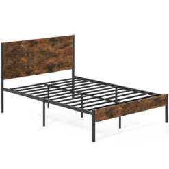 Metallbett Bettgestell für 200 x 140 cm Matratze industrielles Plattformbett mit Holzkopf- und Fußteil Rustikales Braun