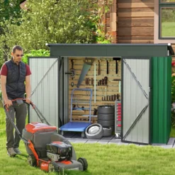 Metall Gartenhaus mit Vordertür & Seitentür & Pultdach Gerätehaus Geräteschuppen Grün