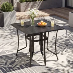 Metall Gartentisch mit Schirmloch Quadratischer Balkontisch für 4 Personen Terrassentisch Schwarz