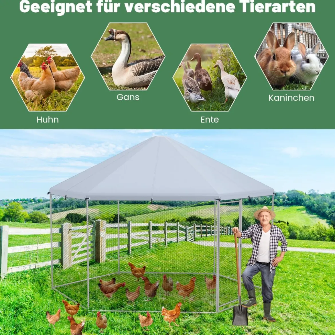 Metall Hühnerstall mit Drahtgeflecht & Abschließbarer Tür & Wasserdichter Abdeckung