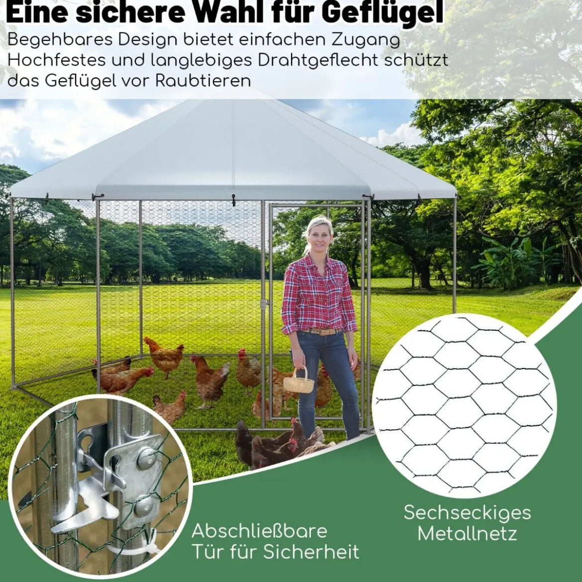 Metall Hühnerstall mit Drahtgeflecht & Abschließbarer Tür & Wasserdichter Abdeckung