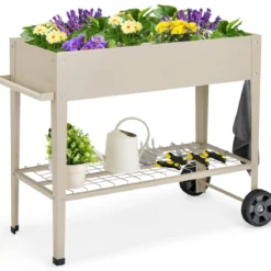 Metall Hochbeet mit Ablage & 2 Rollen & Haken & Griff Erhöhtes Gartenbeet Pflanzkasten Weiß