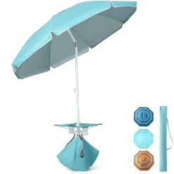 2 m Hoher Strandschirm mit Tisch & Sandsack Tragbarer Sonnenschirm Blau