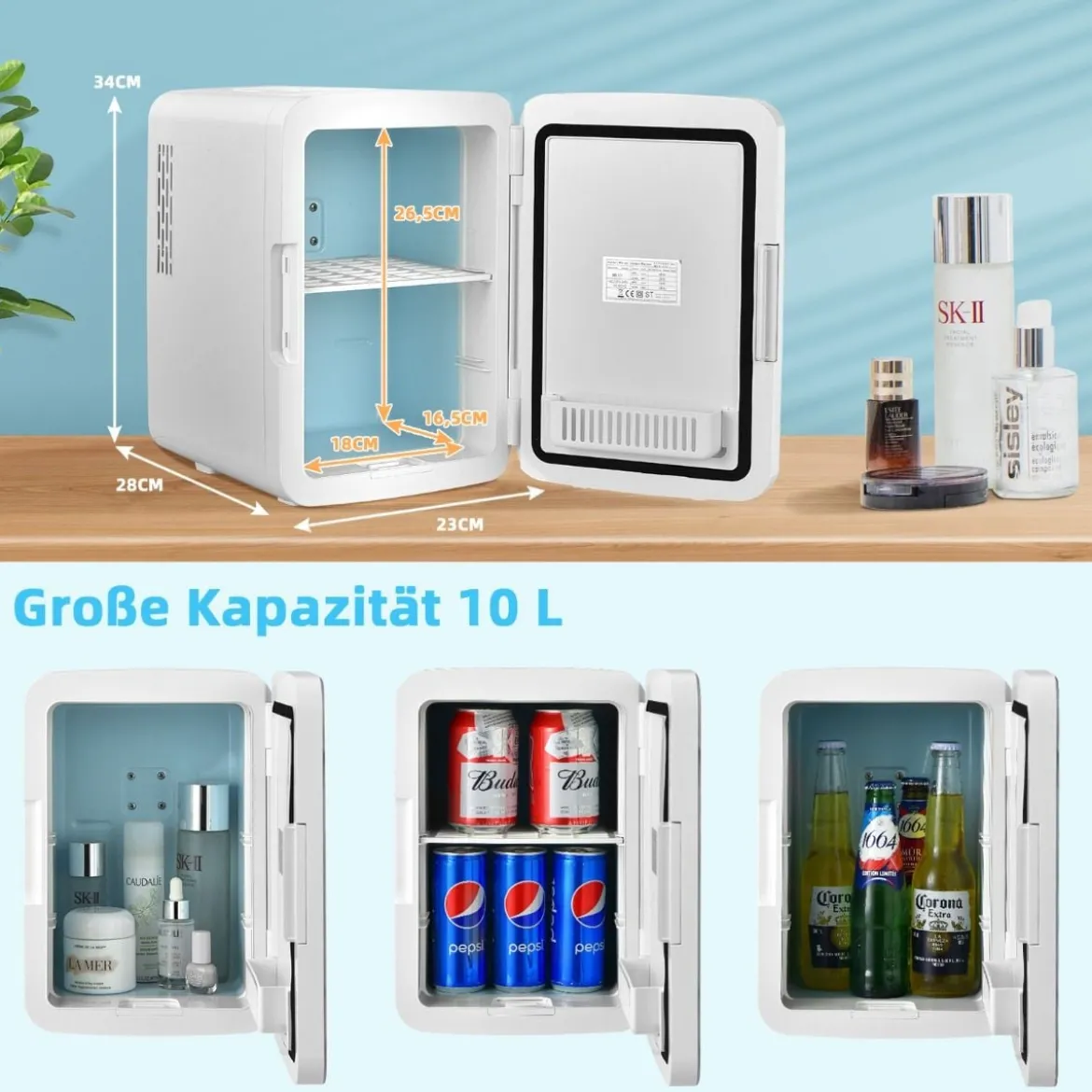 Mini-Kühlschrank 10 L tragbarer Kühlschrank mit LED-Spiegel 23 x 28 x 34 cm Weiß