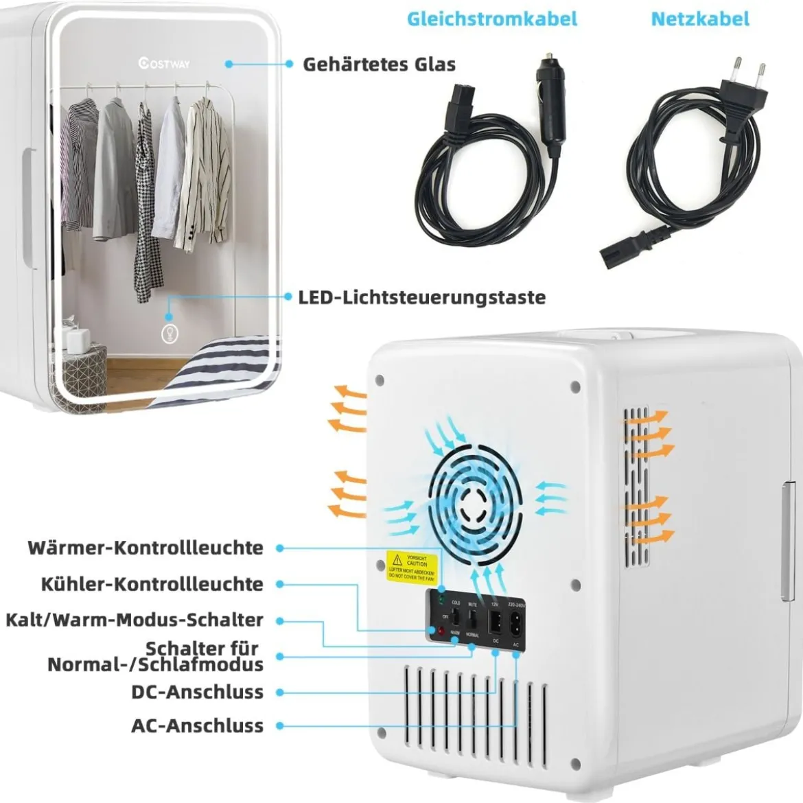 Mini-Kühlschrank 10 L tragbarer Kühlschrank mit LED-Spiegel 23 x 28 x 34 cm Weiß