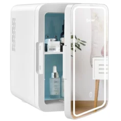 Mini-Kühlschrank 10 L tragbarer Kühlschrank mit LED-Spiegel 23 x 28 x 34 cm Weiß