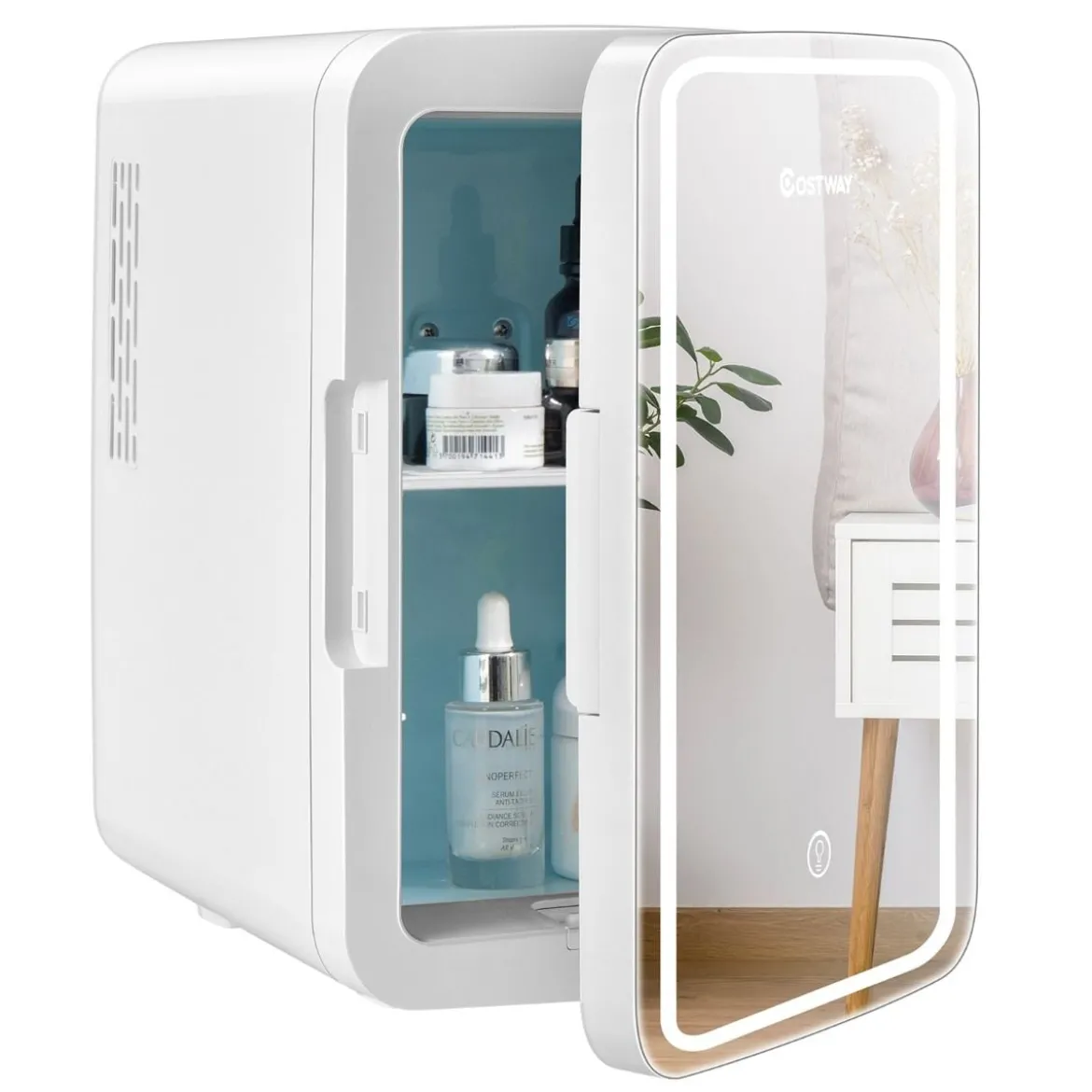 Mini-Kühlschrank 10 L tragbarer Kühlschrank mit LED-Spiegel 23 x 28 x 34 cm Weiß