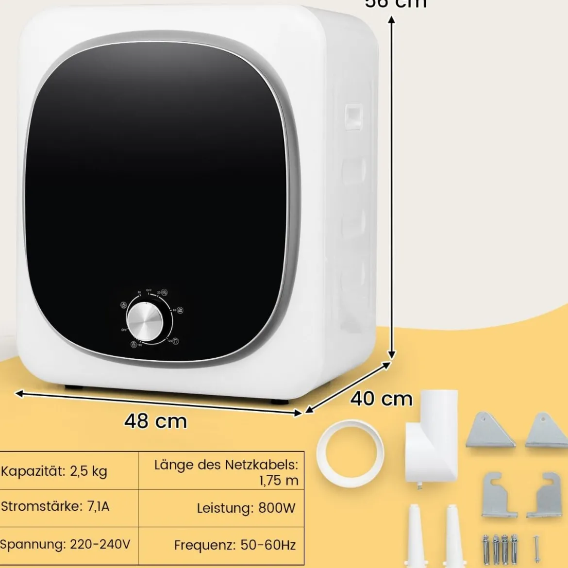 Mini Wäschetrockner 5KG mit 5 Programme bis zu 69℃ Ablufttrockner Trockner 800W