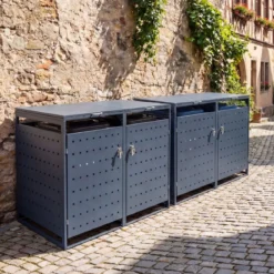 Mülltonnenbox 2er für 240 L Mülltonnenverkleidung aus Metall für 2 Mülltonnen Müllbox mit Klappdeckel Grau