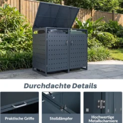 Mülltonnenbox 2er für 240 L Mülltonnenverkleidung aus Metall für 2 Mülltonnen Müllbox mit Klappdeckel Grau