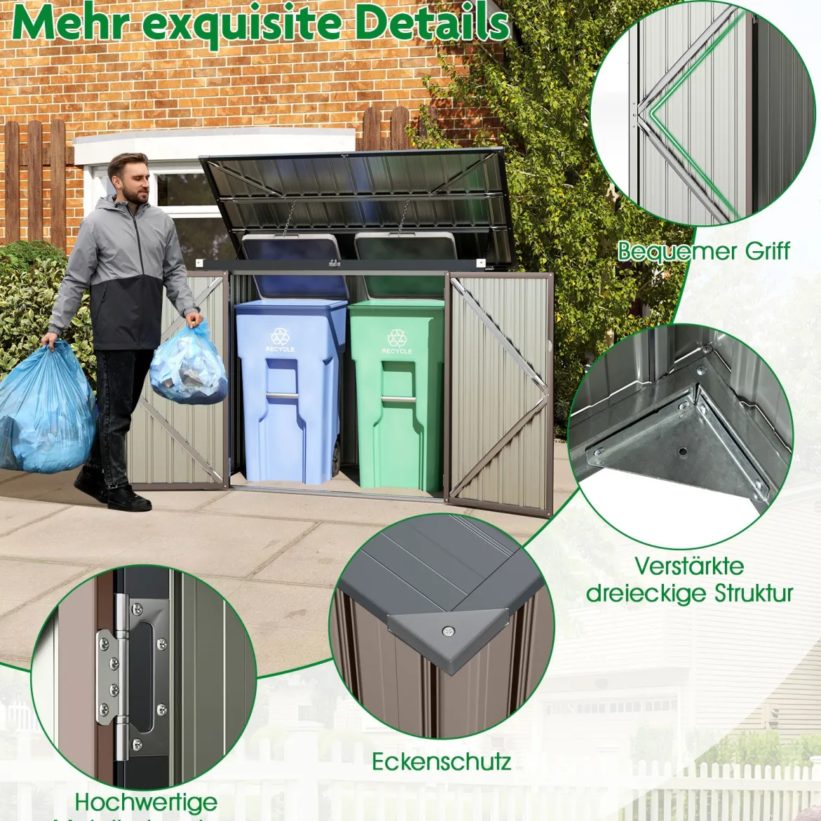 Mülltonnenbox für 2 Mülltonnen Müllbox aus Verzinktem Metall Müllhaus mit 2 Türen 172 x 95,5 x 130 cm Braun
