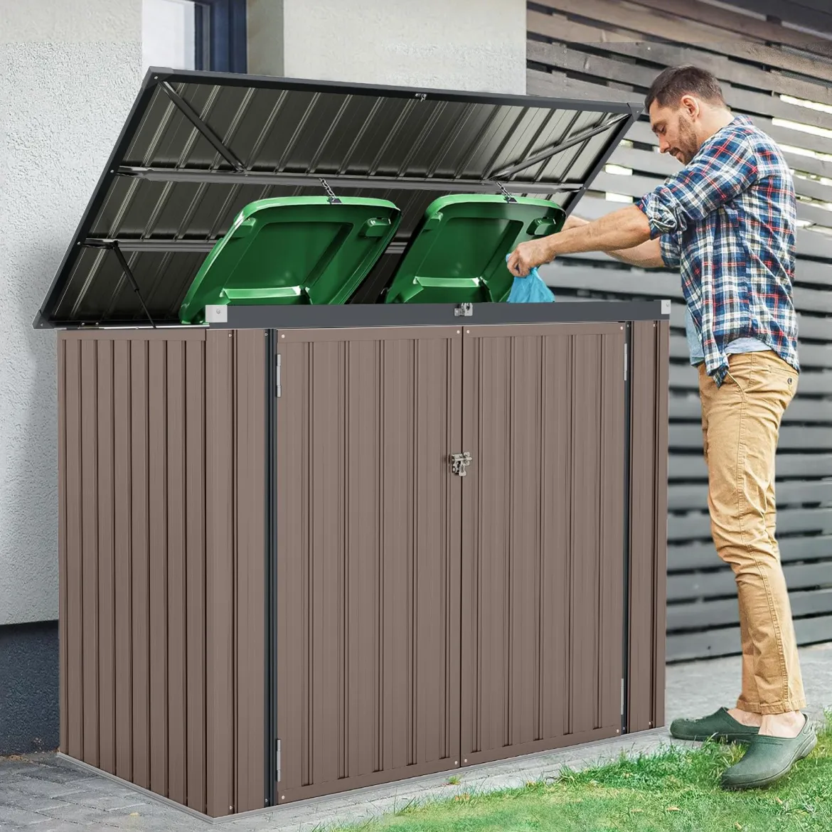 Mülltonnenbox für 2 Mülltonnen Müllbox aus Verzinktem Metall Müllhaus mit 2 Türen 172 x 95,5 x 130 cm Braun