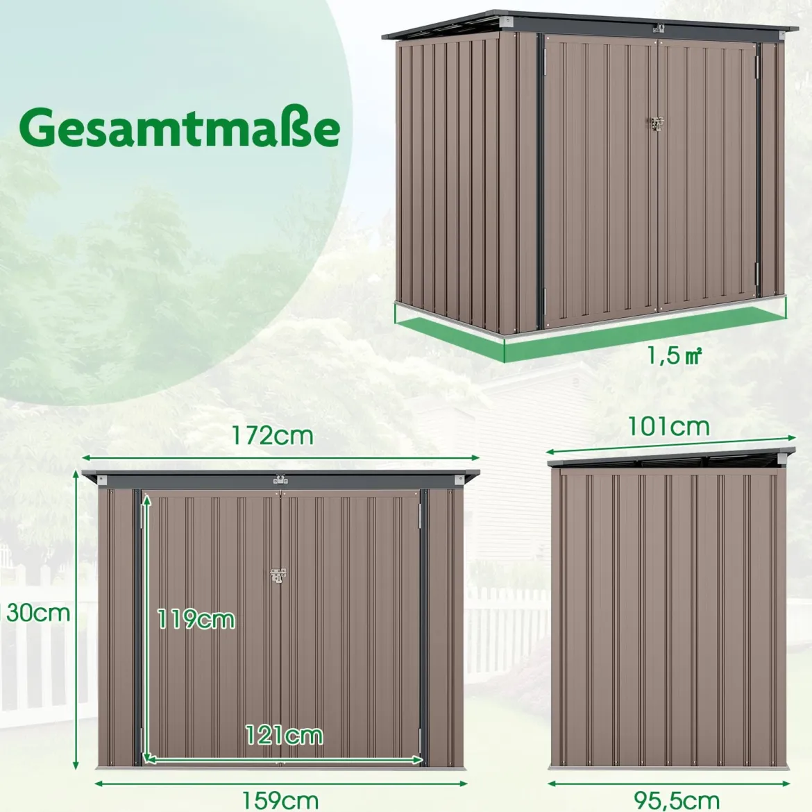Mülltonnenbox für 2 Mülltonnen Müllbox aus Verzinktem Metall Müllhaus mit 2 Türen 172 x 95,5 x 130 cm Braun