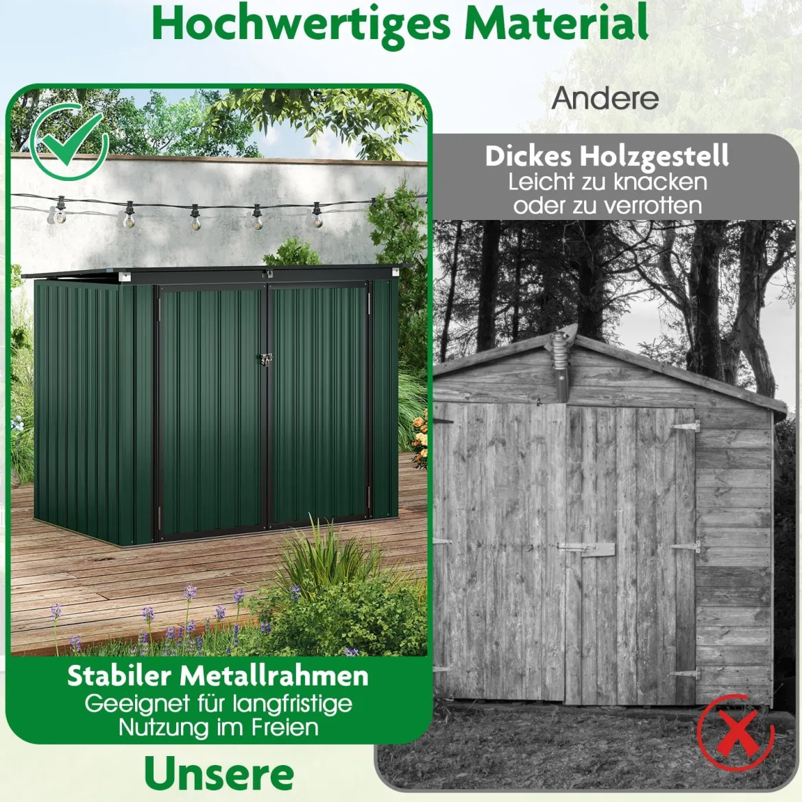 Mülltonnenbox für 2 Mülltonnen Müllbox aus Verzinktem Metall Müllhaus mit 2 Türen 172 x 95,5 x 130 cm Grün