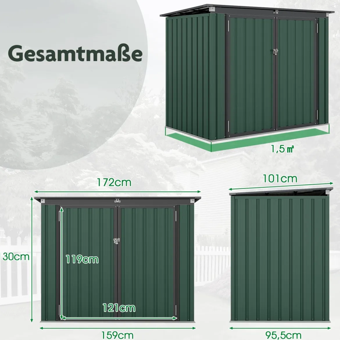 Mülltonnenbox für 2 Mülltonnen Müllbox aus Verzinktem Metall Müllhaus mit 2 Türen 172 x 95,5 x 130 cm Grün