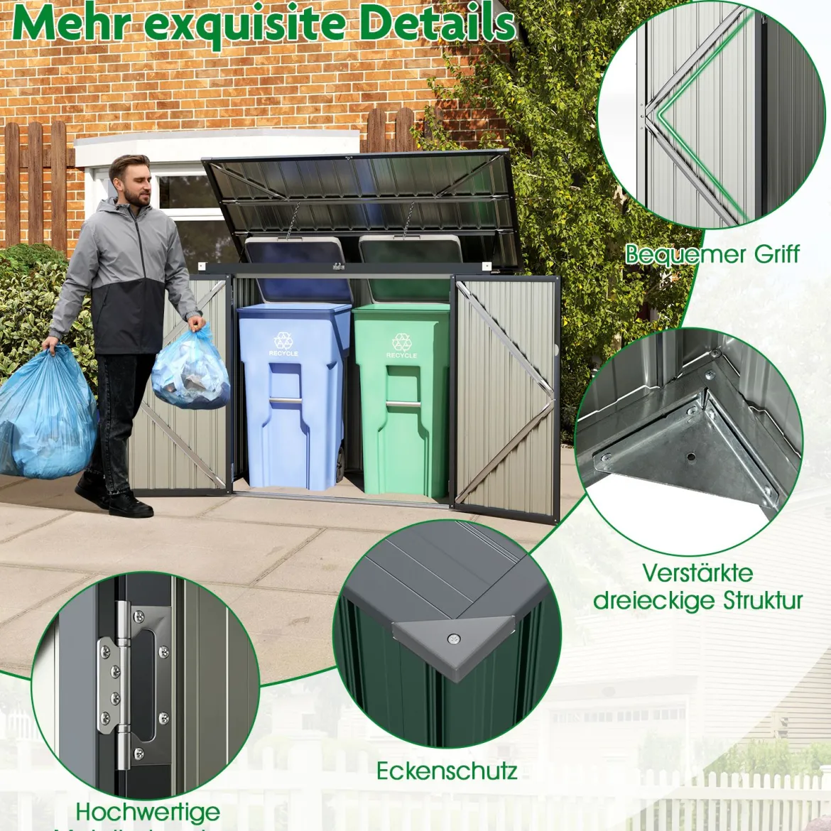 Mülltonnenbox für 2 Mülltonnen Müllbox aus Verzinktem Metall Müllhaus mit 2 Türen 172 x 95,5 x 130 cm Grün