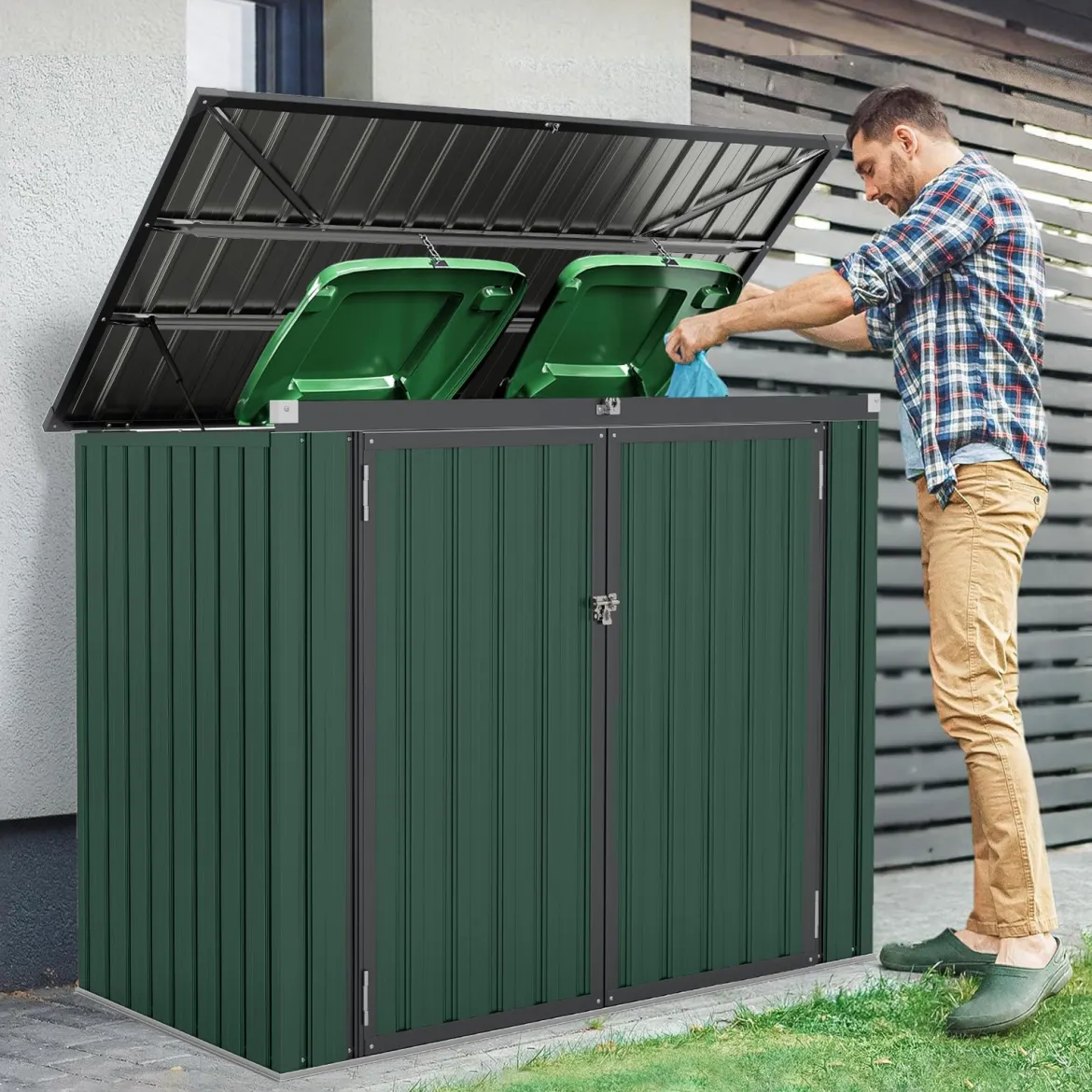 Mülltonnenbox für 2 Mülltonnen Müllbox aus Verzinktem Metall Müllhaus mit 2 Türen 172 x 95,5 x 130 cm Grün