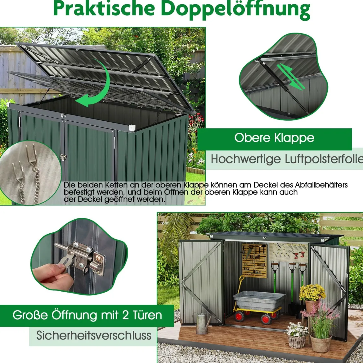 Mülltonnenbox für 2 Mülltonnen Müllbox aus Verzinktem Metall Müllhaus mit 2 Türen 172 x 95,5 x 130 cm Grün