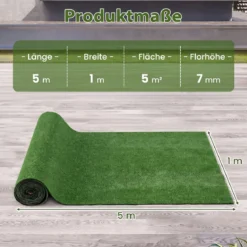 7 mm Kunstrasen Outdoor Grün mit Drainagesystem in Natürlicher Optik 100 x 500 cm