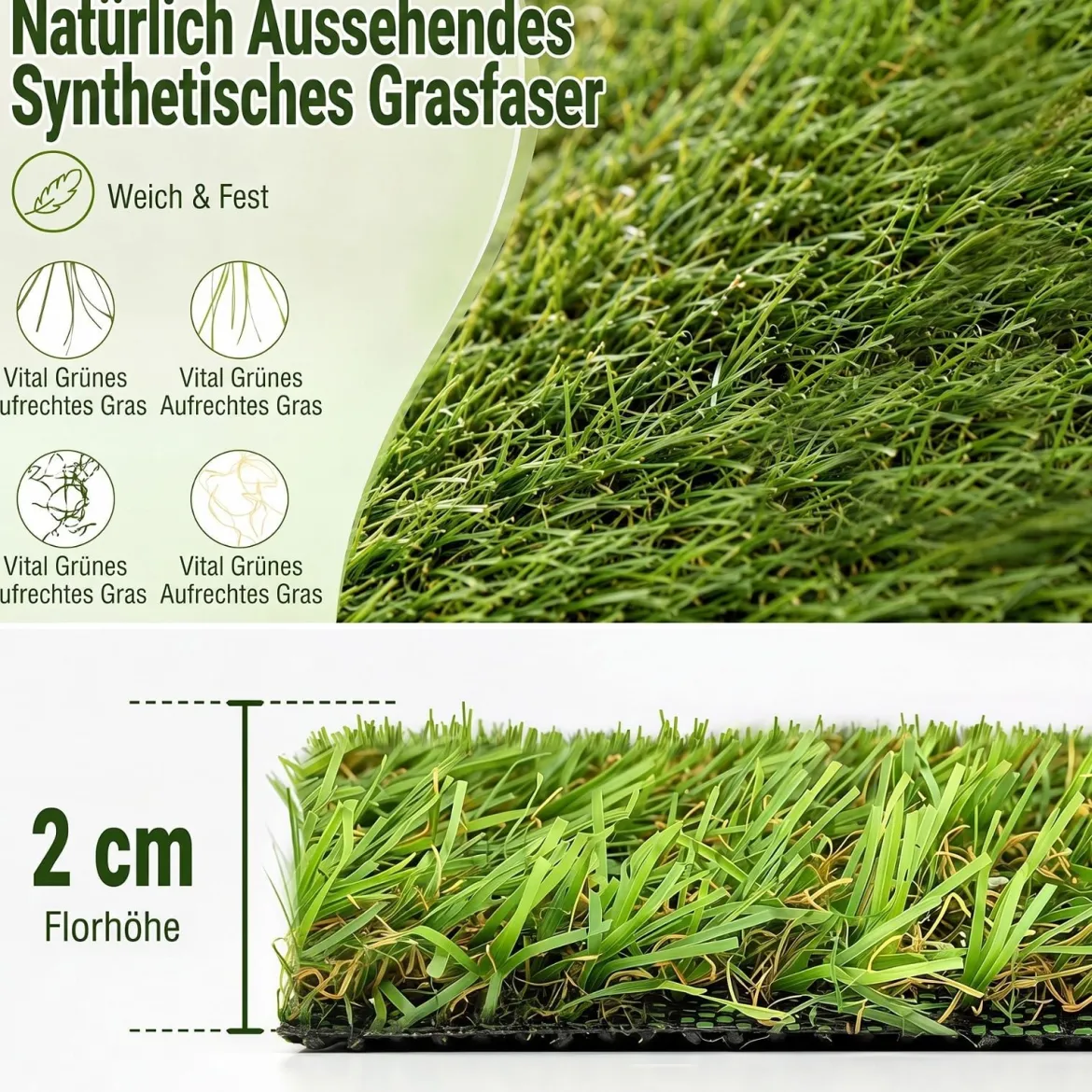 20 mm Kunstrasen Outdoor Grün mit Drainagesystem in Natürlicher Optik 100 x 500 cm
