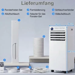 Mobile Klimaanlage 4-in-1 Tragbarer Luftkühler mit Luftentfeuchter Ventilator Schlafmodus 9000BTU