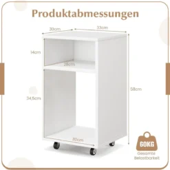 Mobiler Aktenschrank Büroschrank mit 2 Offenen Regalen 33 x 30 x 58 cm Weiß