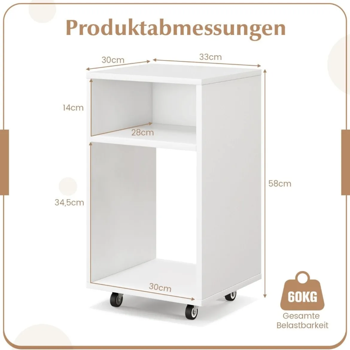Mobiler Aktenschrank Büroschrank mit 2 Offenen Regalen 33 x 30 x 58 cm Weiß