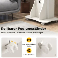 Mobiler Computertisch zum Stehen oder Sitzen mit Neigbarer Tischplatte & Schrank für das Heimbüro Weiß