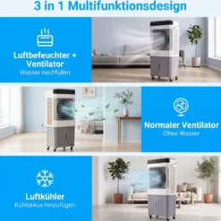Mobiler Kühlventilator mit Fernbedienung 3 in 1 Luftkühler mit 27L Wassertank 49 x 31 x 109 cm