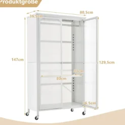 Mobiler Kleiderschrank mit Hängestange & Verstellbarem Regal & Durchsichtigen Schranktüren Weiß