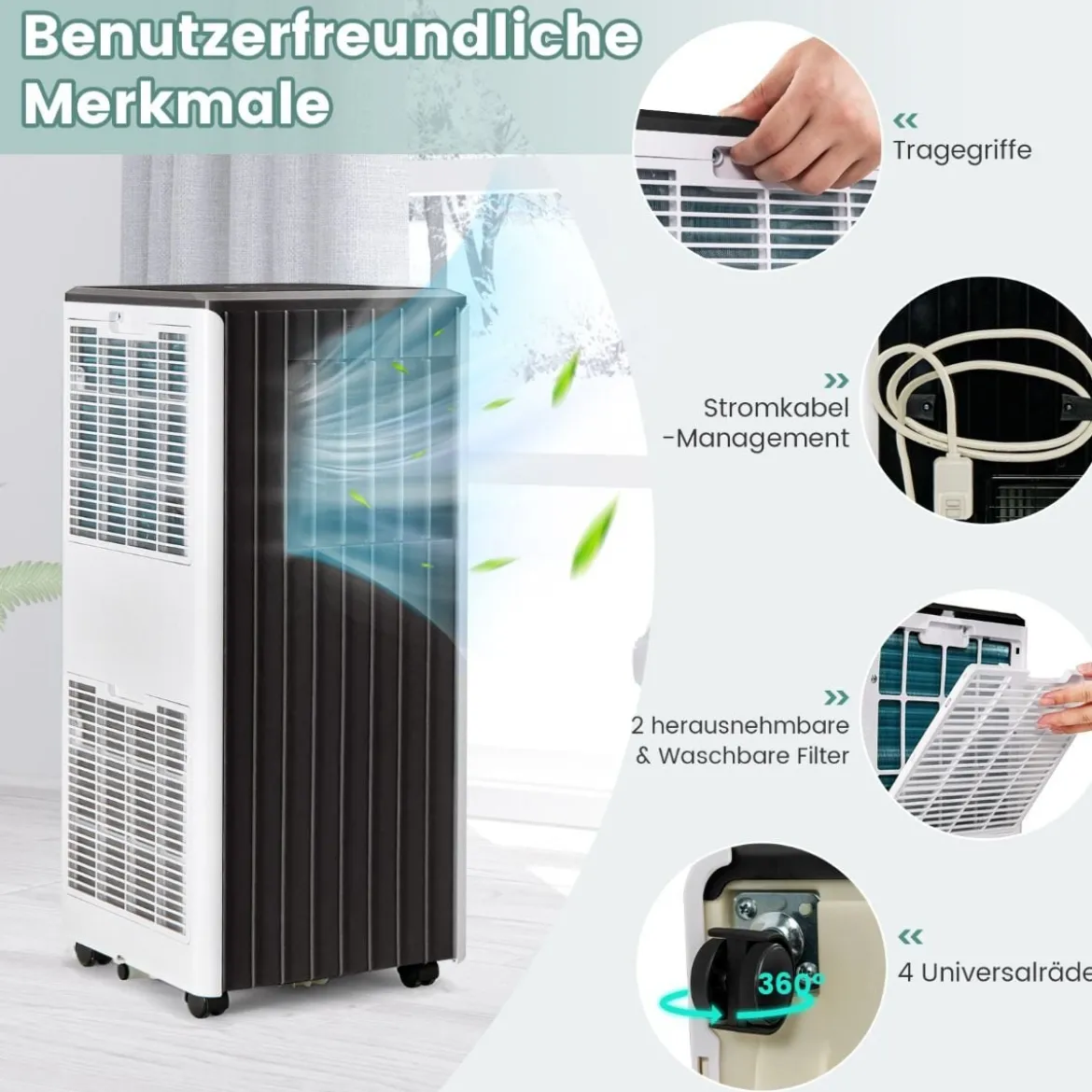 Mobiler Klimaanlagen 4-in-1 Klimagerät Kühl-&Lüfter-&Entfeuchtungs&Schlafmodus Fernbedienung 31 x 32 x 71,5 cm Weiß