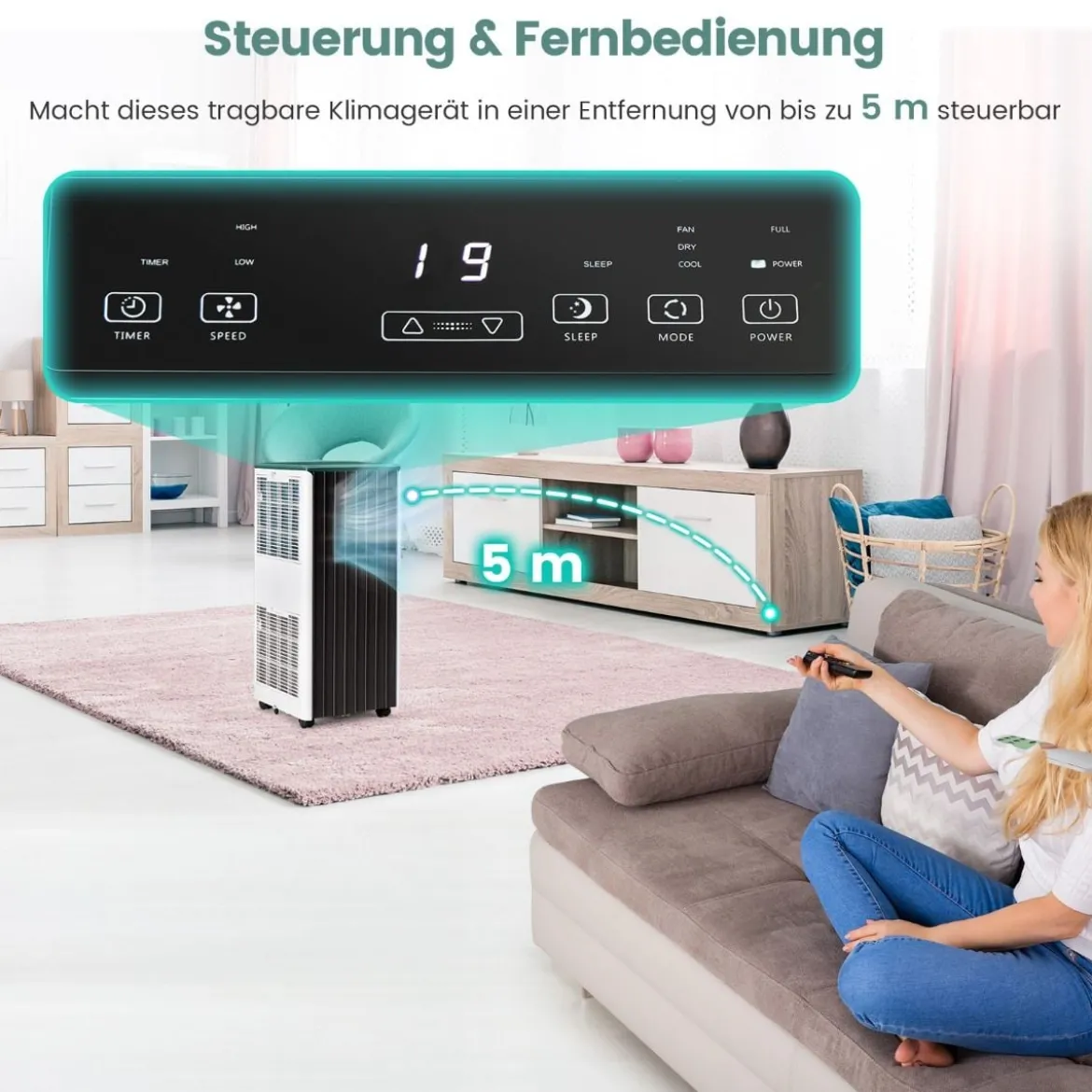 Mobiler Klimaanlagen 4-in-1 Klimagerät Kühl-&Lüfter-&Entfeuchtungs&Schlafmodus Fernbedienung 31 x 32 x 71,5 cm Weiß
