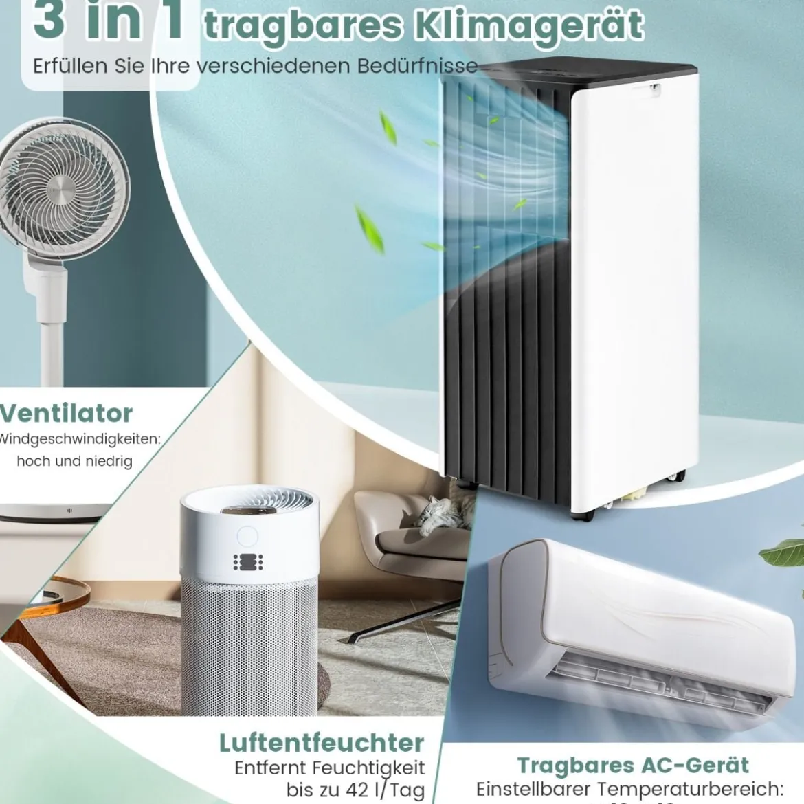Mobiler Klimaanlagen 4-in-1 Klimagerät Kühl-&Lüfter-&Entfeuchtungs&Schlafmodus Fernbedienung 31 x 32 x 71,5 cm Weiß