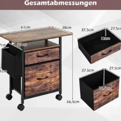 Mobiler Rollcontainer Aktenschrank Schmaler Nachttisch auf Rollen 61 x 38 x 66,5 cm