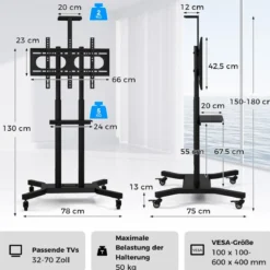 Mobiler TV-Ständer für 32-70 Zoll Fernseher bis zu 50 kg Verstellbarer TV Rollwagen mit Kameraablage