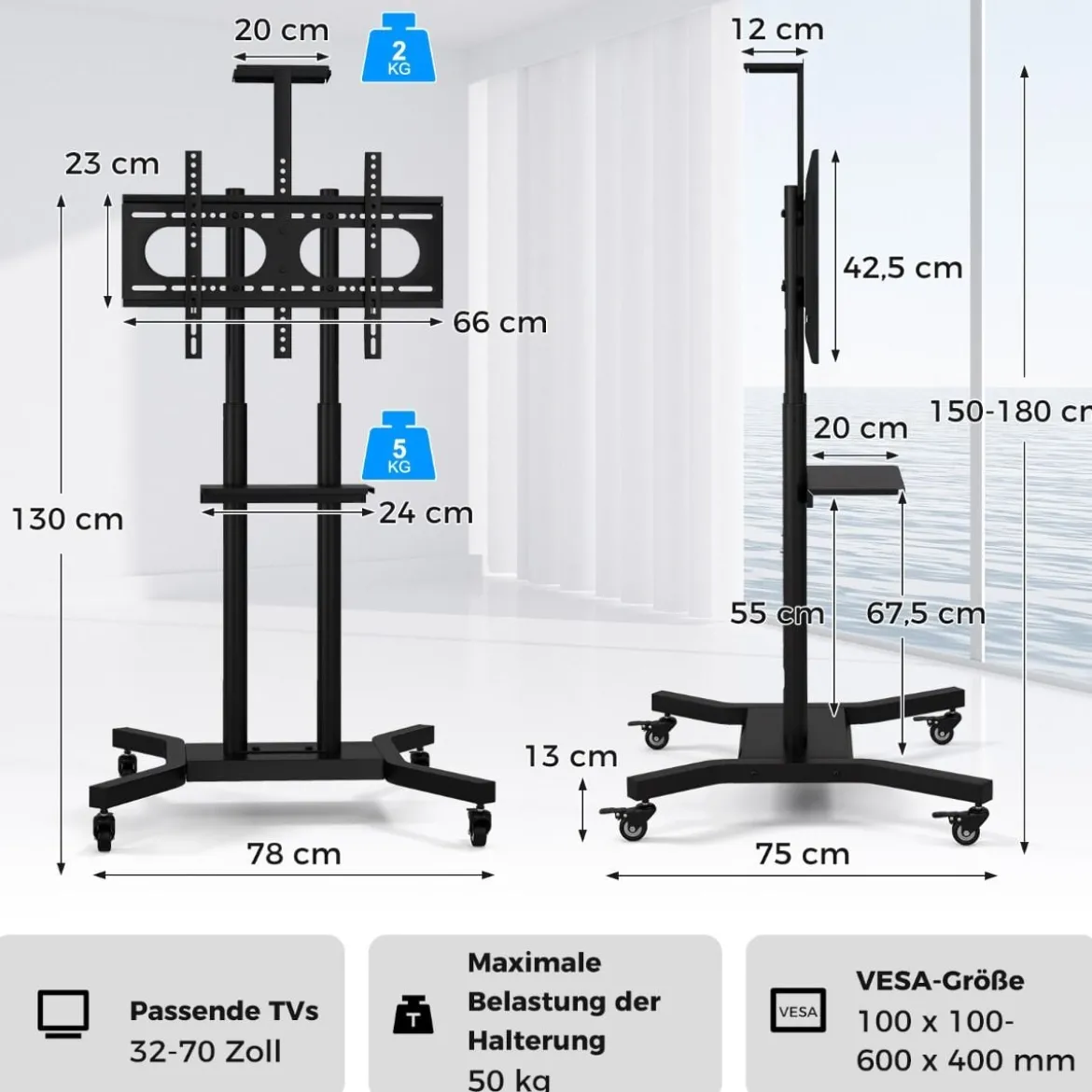 Mobiler TV-Ständer für 32-70 Zoll Fernseher bis zu 50 kg Verstellbarer TV Rollwagen mit Kameraablage