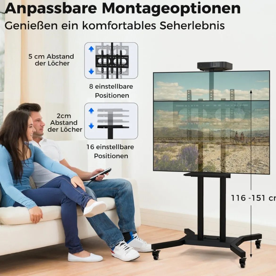 Mobiler TV-Ständer für 32-70 Zoll Fernseher bis zu 50 kg Verstellbarer TV Rollwagen mit Kameraablage